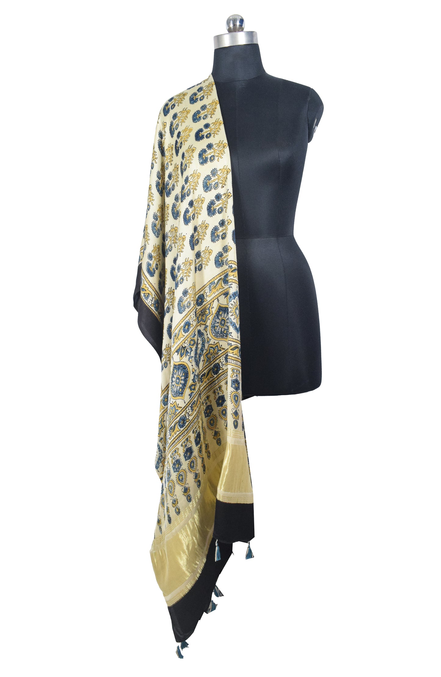 Ajrakh Modal Silk Natural Dye Hand Block Print Dupatta with Golden Border - 2.5 Mtr Length    -  SKU : AI21B01N