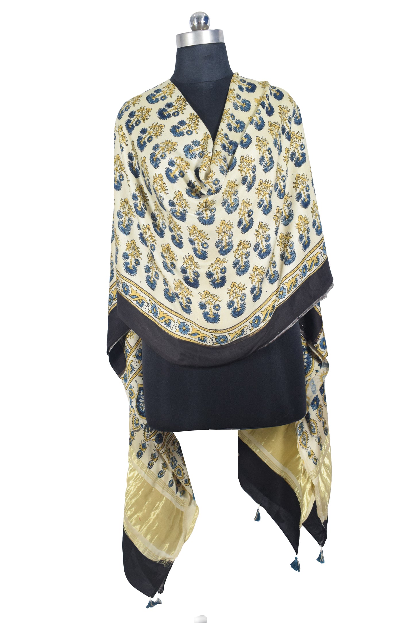 Ajrakh Modal Silk Natural Dye Hand Block Print Dupatta with Golden Border - 2.5 Mtr Length    -  SKU : AI21B01N
