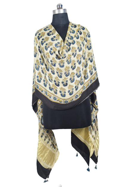 Ajrakh Modal Silk Natural Dye Hand Block Print Dupatta with Golden Border - 2.5 Mtr Length    -  SKU : AI21B01N