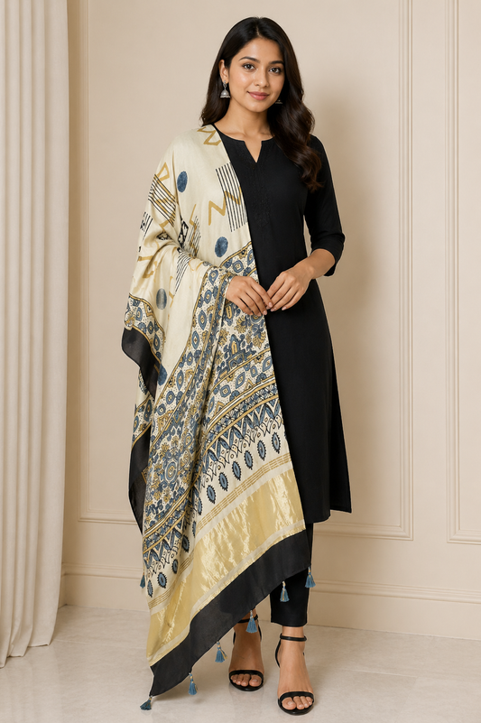 Ajrakh Modal Silk Natural Dye Hand Block Print Dupatta with Golden Border - 2.5 Mtr Length    -  SKU : AI21B01O