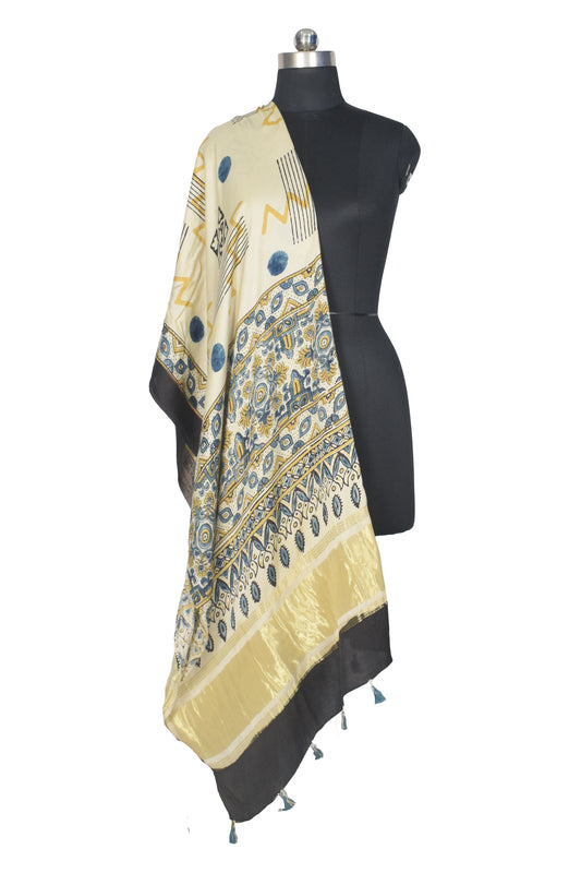 Ajrakh Modal Silk Natural Dye Hand Block Print Dupatta with Golden Border - 2.5 Mtr Length    -  SKU : AI21B01O