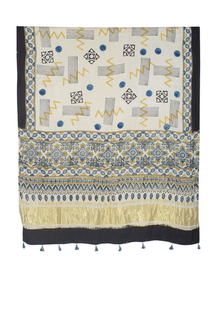 Ajrakh Modal Silk Natural Dye Hand Block Print Dupatta with Golden Border - 2.5 Mtr Length    -  SKU : AI21B01O