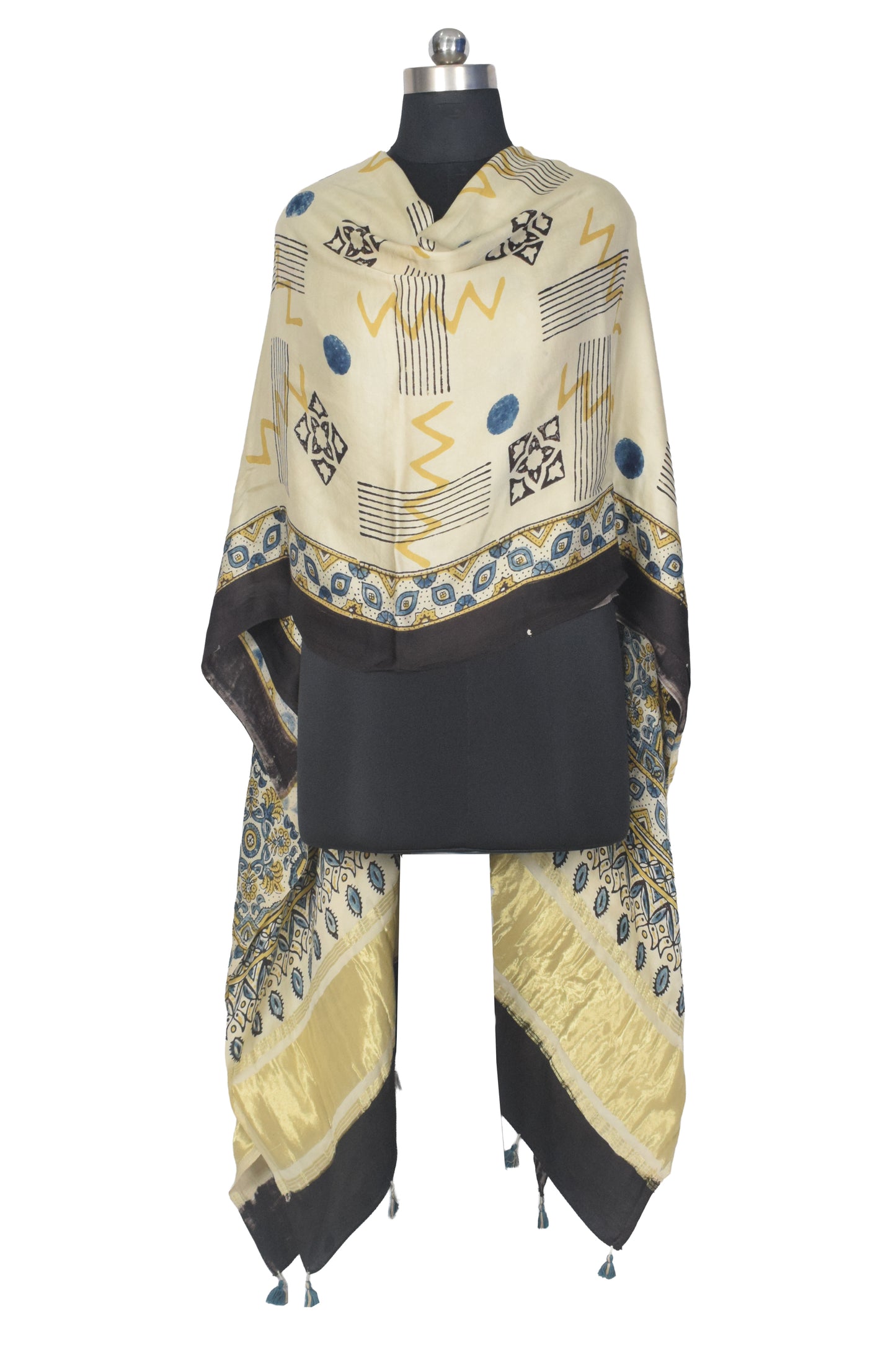 Ajrakh Modal Silk Natural Dye Hand Block Print Dupatta with Golden Border - 2.5 Mtr Length    -  SKU : AI21B01O