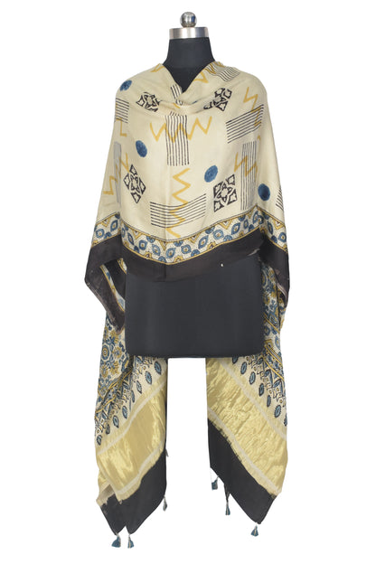 Ajrakh Modal Silk Natural Dye Hand Block Print Dupatta with Golden Border - 2.5 Mtr Length    -  SKU : AI21B01O