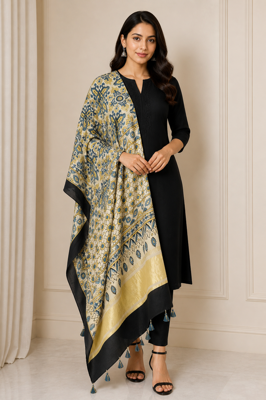 Ajrakh Modal Silk Natural Dye Hand Block Print Dupatta with Golden Border - 2.5 Mtr Length    -  SKU : AI21B01P
