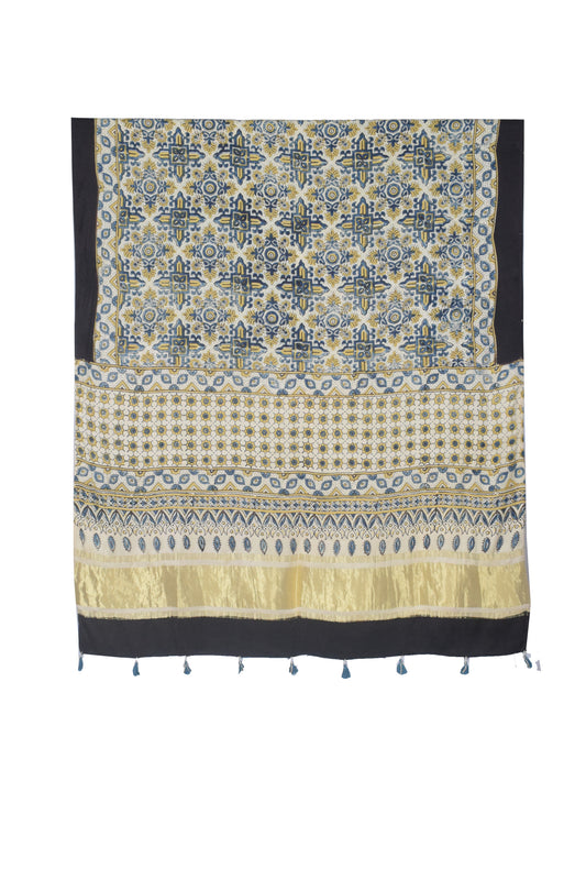 Ajrakh Modal Silk Natural Dye Hand Block Print Dupatta with Golden Border - 2.5 Mtr Length    -  SKU : AI21B01P
