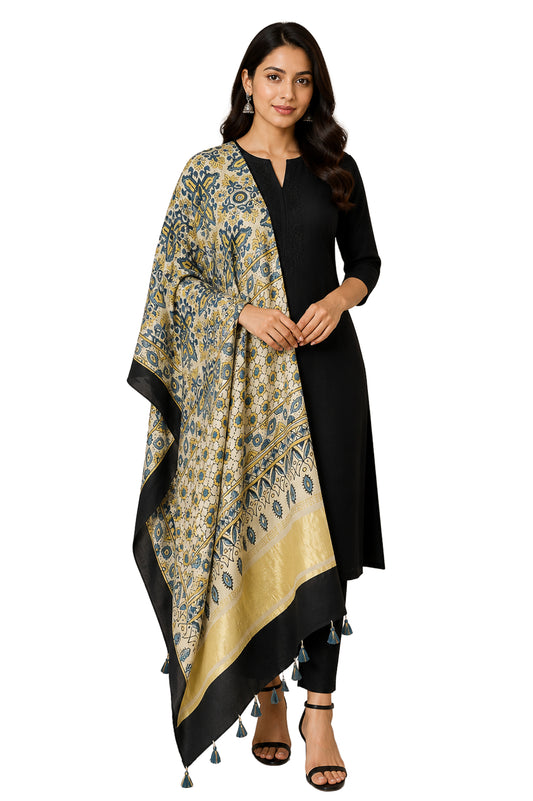 Ajrakh Modal Silk Natural Dye Hand Block Print Dupatta with Golden Border - 2.5 Mtr Length    -  SKU : AI21B01P