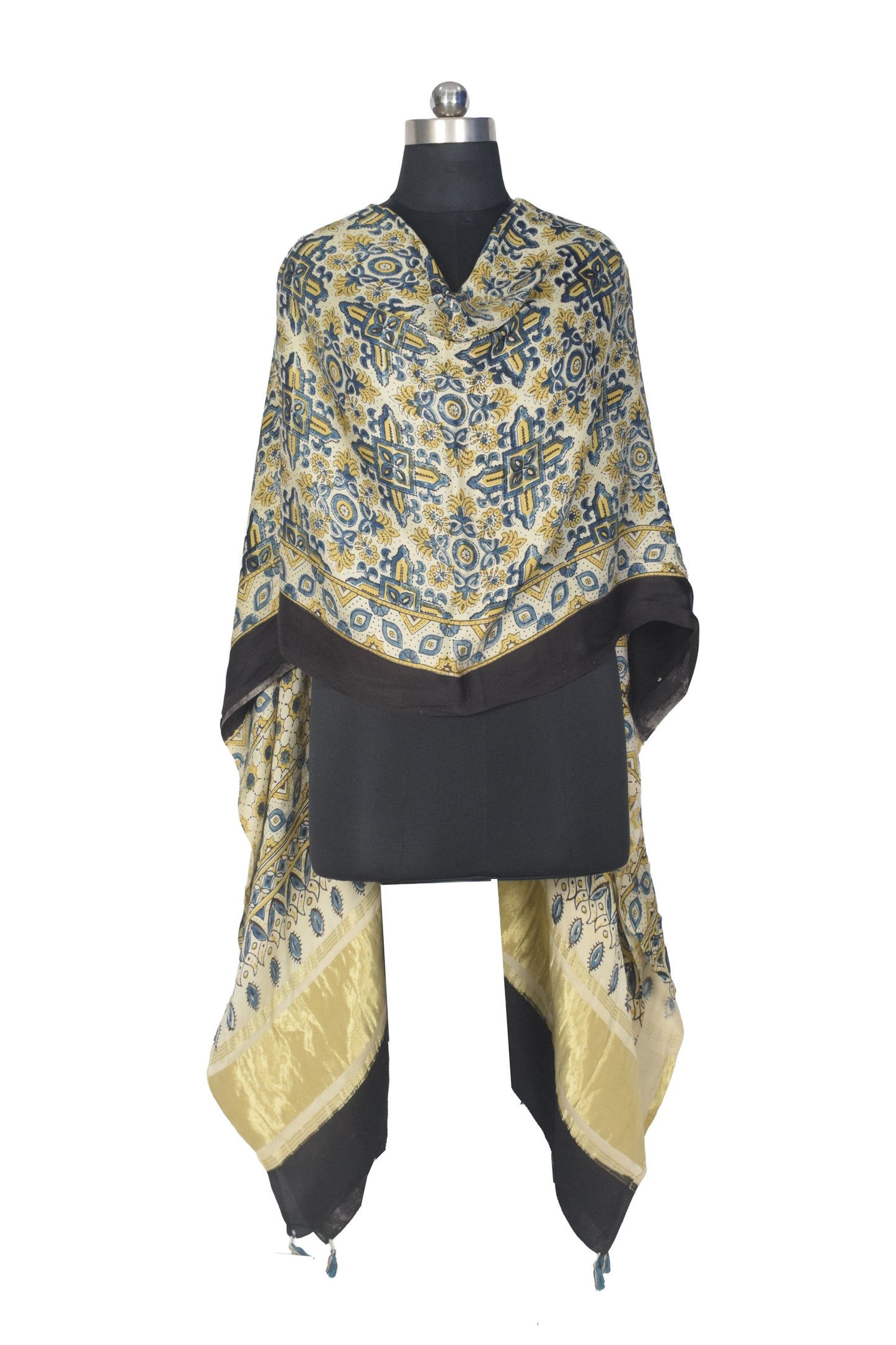 Ajrakh Modal Silk Natural Dye Hand Block Print Dupatta with Golden Border - 2.5 Mtr Length    -  SKU : AI21B01P