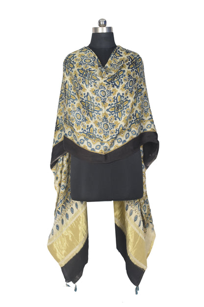 Ajrakh Modal Silk Natural Dye Hand Block Print Dupatta with Golden Border - 2.5 Mtr Length    -  SKU : AI21B01P