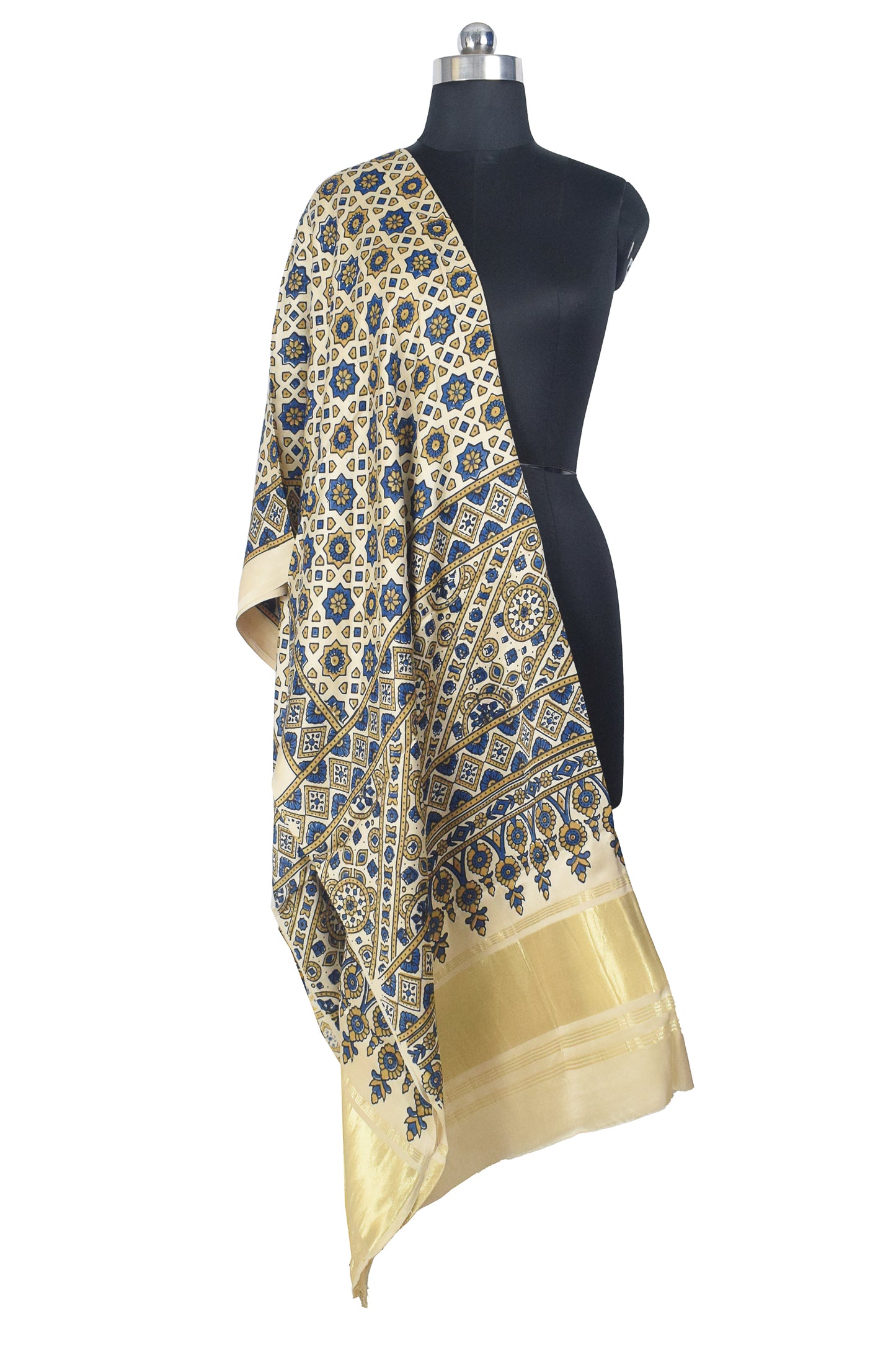 Ajrakh Modal Silk Natural Dye Hand Block Print Dupatta with Golden Border - 2.5 Mtr Length    -  SKU : AI21B01Q