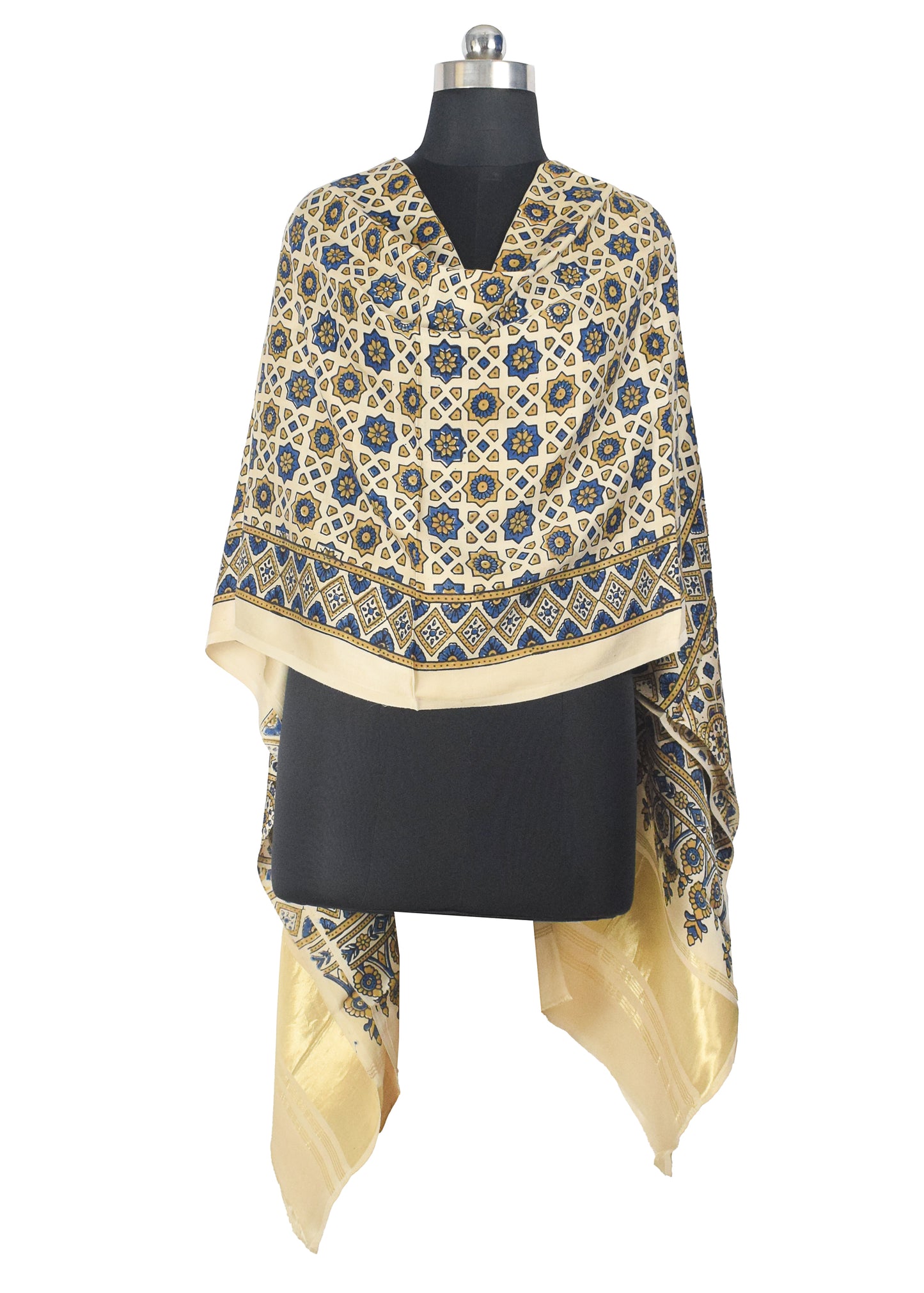 Ajrakh Modal Silk Natural Dye Hand Block Print Dupatta with Golden Border - 2.5 Mtr Length    -  SKU : AI21B01Q