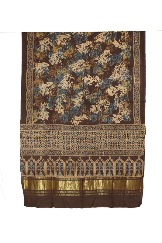 Ajrakh Modal Silk Natural Dye Hand Block Print Dupatta  with Golden Border - 2.5 Mtr Length    -  SKU : MS16301C