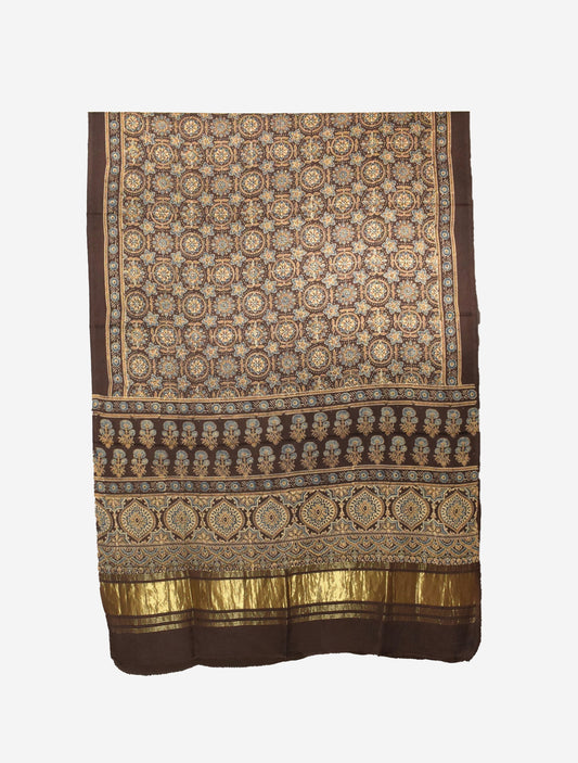Ajrakh Modal Silk Natural Dye Hand Block Print Dupatta  with Golden Border - 2.5 Mtr Length    -  SKU : MS16301I