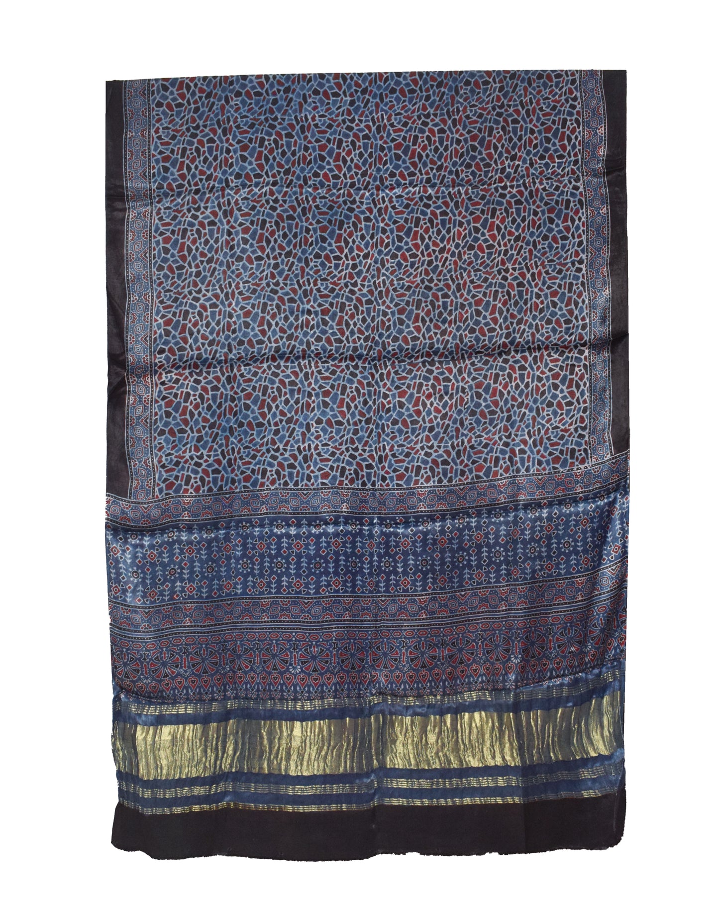 Ajrakh Modal Silk Natural Dye Hand Block Print Dupatta   with Golden Border  - 2.5 Mtr Length    -  SKU : ID16203L