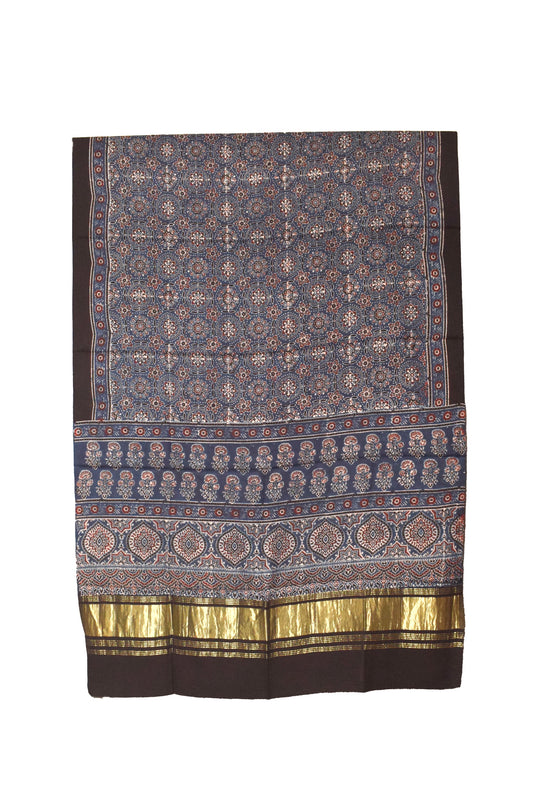Ajrakh Modal Silk Natural Dye Hand Block Print Dupatta  with Golden Border - 2.5 Mtr Length    -  SKU : MS16301J