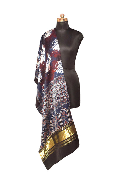 Ajrakh Modal Silk Natural Dye Hand Block Print Dupatta  with Golden Border - 2.5 Mtr Length    -  SKU : MS16301O