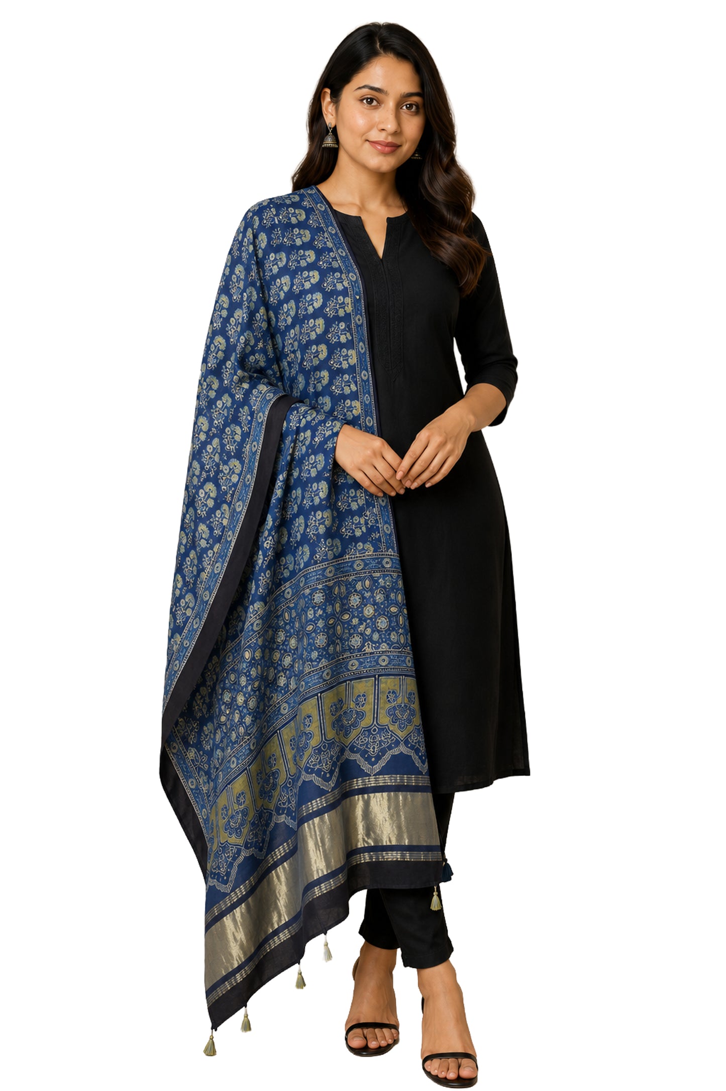 Ajrakh Modal Silk Natural Dye Hand Block Print Dupatta with Golden Border - 2.5 Mtr Length    -  SKU : AI21B01T