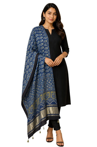 Ajrakh Modal Silk Natural Dye Hand Block Print Dupatta with Golden Border - 2.5 Mtr Length    -  SKU : AI21B01T