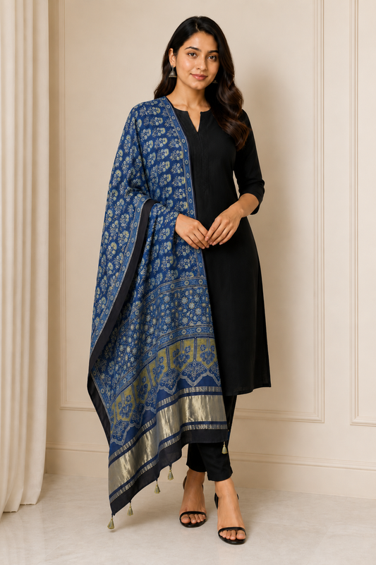 Ajrakh Modal Silk Natural Dye Hand Block Print Dupatta with Golden Border - 2.5 Mtr Length    -  SKU : AI21B01T