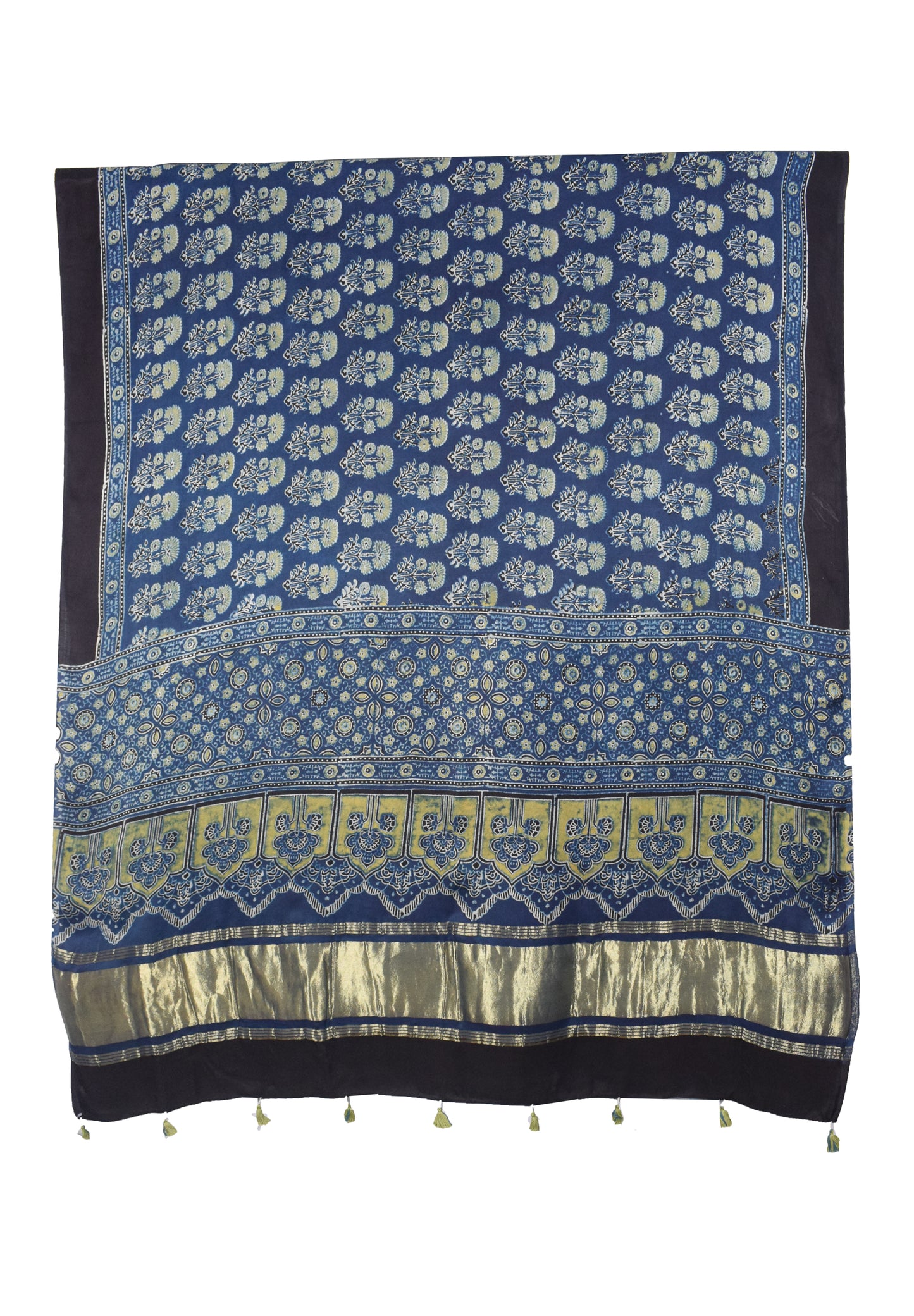 Ajrakh Modal Silk Natural Dye Hand Block Print Dupatta with Golden Border - 2.5 Mtr Length    -  SKU : AI21B01T