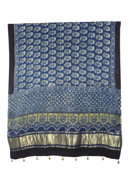 Ajrakh Modal Silk Natural Dye Hand Block Print Dupatta with Golden Border - 2.5 Mtr Length    -  SKU : AI21B01T