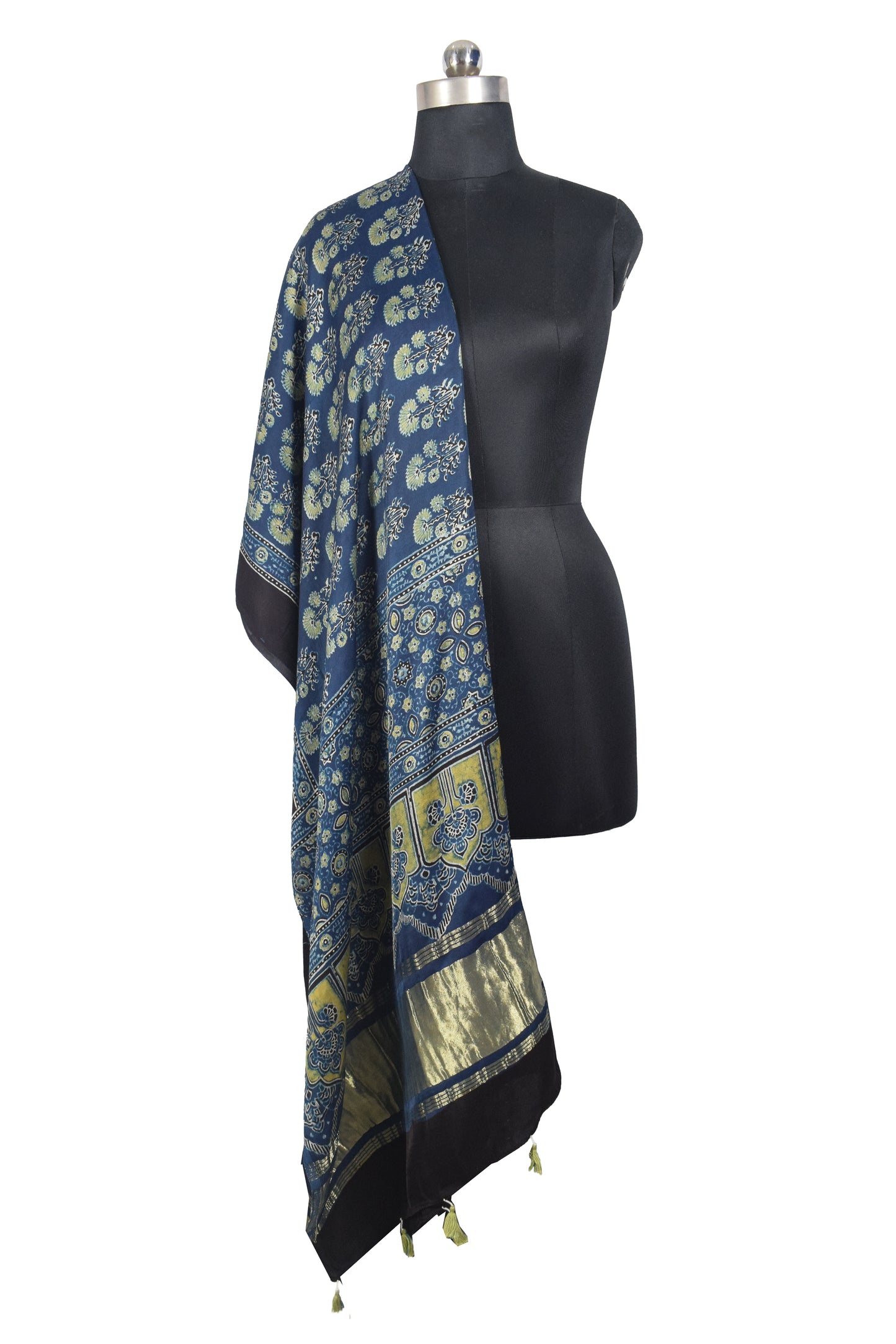 Ajrakh Modal Silk Natural Dye Hand Block Print Dupatta with Golden Border - 2.5 Mtr Length    -  SKU : AI21B01T