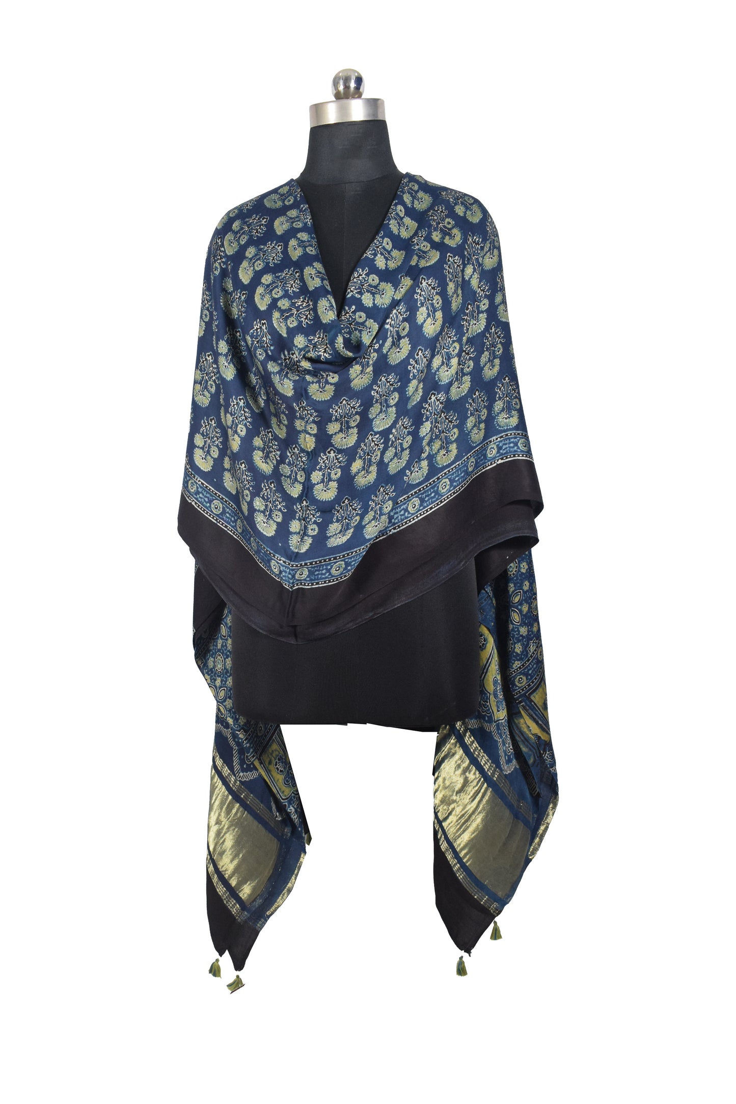Ajrakh Modal Silk Natural Dye Hand Block Print Dupatta with Golden Border - 2.5 Mtr Length    -  SKU : AI21B01T