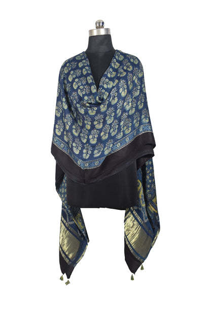 Ajrakh Modal Silk Natural Dye Hand Block Print Dupatta with Golden Border - 2.5 Mtr Length    -  SKU : AI21B01T