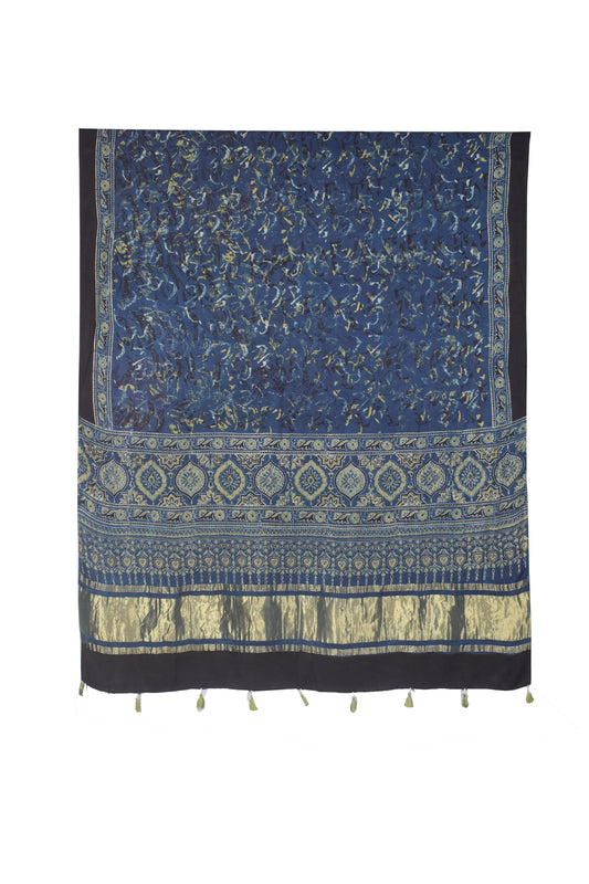 Ajrakh Modal Silk Natural Dye Hand Block Print Dupatta with Golden Border - 2.5 Mtr Length    -  SKU : AI21B01U