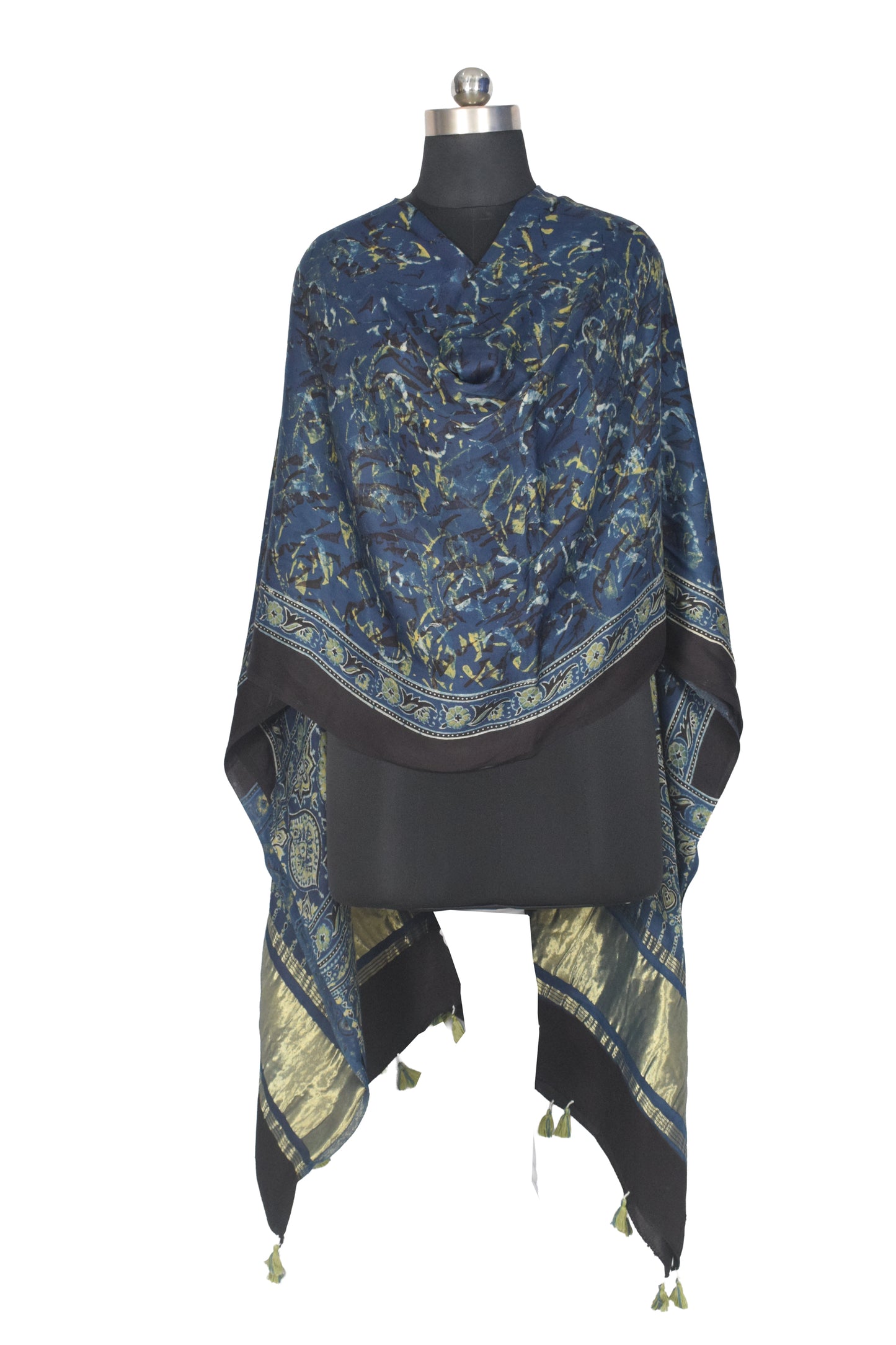 Ajrakh Modal Silk Natural Dye Hand Block Print Dupatta with Golden Border - 2.5 Mtr Length    -  SKU : AI21B01U