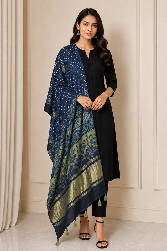 Ajrakh Modal Silk Natural Dye Hand Block Print Dupatta with Golden Border - 2.5 Mtr Length    -  SKU : AI21B01V