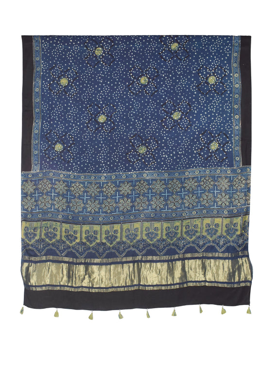 Ajrakh Modal Silk Natural Dye Hand Block Print Dupatta with Golden Border - 2.5 Mtr Length    -  SKU : AI21B01V