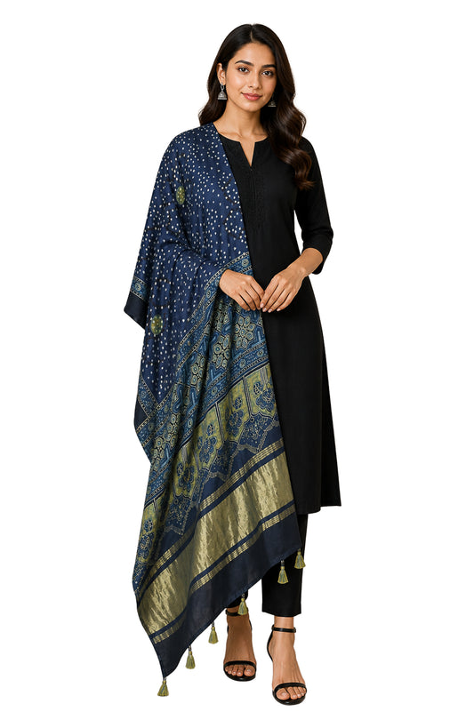 Ajrakh Modal Silk Natural Dye Hand Block Print Dupatta with Golden Border - 2.5 Mtr Length    -  SKU : AI21B01V