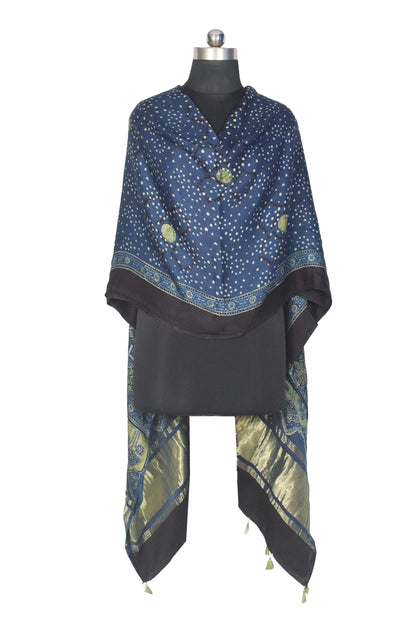 Ajrakh Modal Silk Natural Dye Hand Block Print Dupatta with Golden Border - 2.5 Mtr Length    -  SKU : AI21B01V