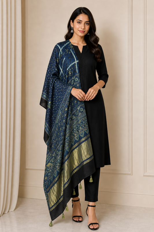 Ajrakh Modal Silk Natural Dye Hand Block Print Dupatta with Golden Border - 2.5 Mtr Length    -  SKU : AI21B01X