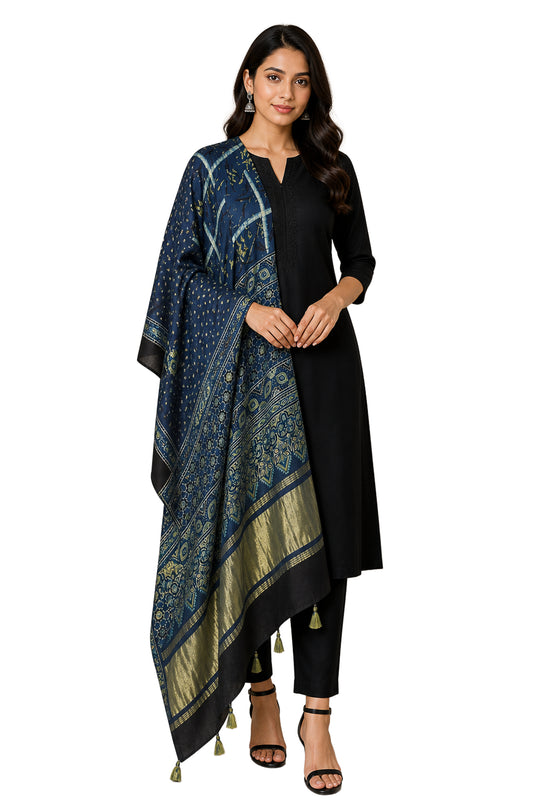 Ajrakh Modal Silk Natural Dye Hand Block Print Dupatta with Golden Border - 2.5 Mtr Length    -  SKU : AI21B01X