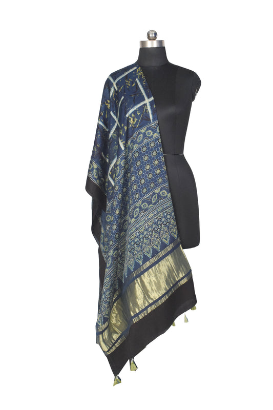 Ajrakh Modal Silk Natural Dye Hand Block Print Dupatta with Golden Border - 2.5 Mtr Length    -  SKU : AI21B01X