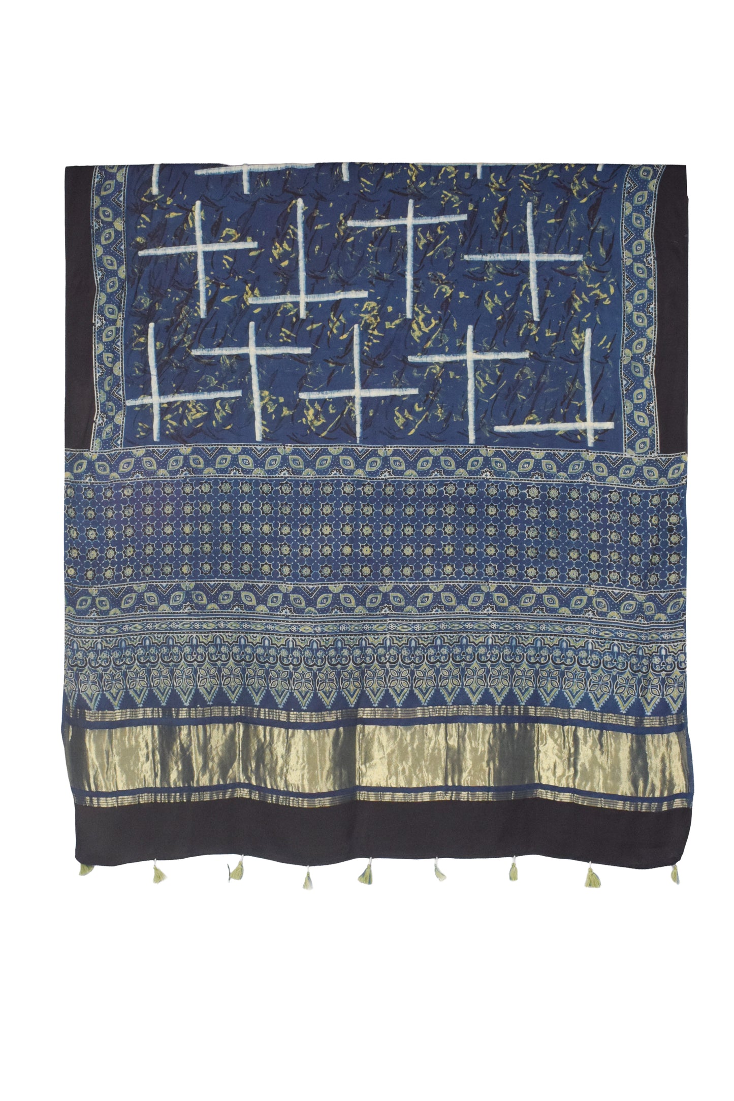 Ajrakh Modal Silk Natural Dye Hand Block Print Dupatta with Golden Border - 2.5 Mtr Length    -  SKU : AI21B01X