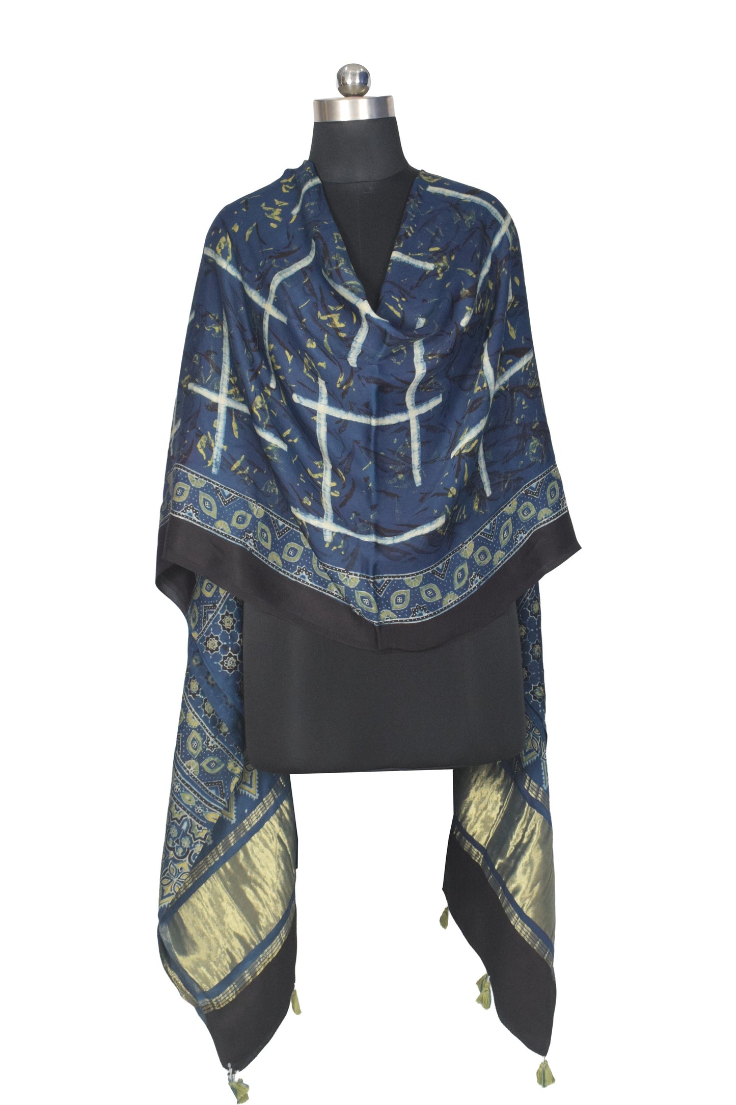 Ajrakh Modal Silk Natural Dye Hand Block Print Dupatta with Golden Border - 2.5 Mtr Length    -  SKU : AI21B01X