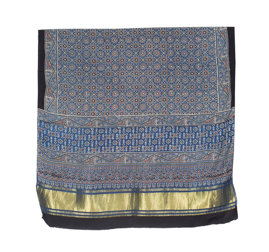 Ajrakh Modal Silk Natural Dye Hand Block Print Dupatta with Golden Border - 2.5 Mtr Length    -  SKU : AI21B01C