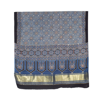 Ajrakh Modal Silk Natural Dye Hand Block Print Dupatta with Golden Border - 2.5 Mtr Length    -  SKU : AI21B01H