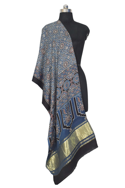 Ajrakh Modal Silk Natural Dye Hand Block Print Dupatta with Golden Border - 2.5 Mtr Length    -  SKU : AI21B01H