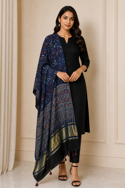 Ajrakh Modal Silk Natural Dye Hand Block Print Dupatta with Golden Border - 2.5 Mtr Length    -  SKU : AI21B01I