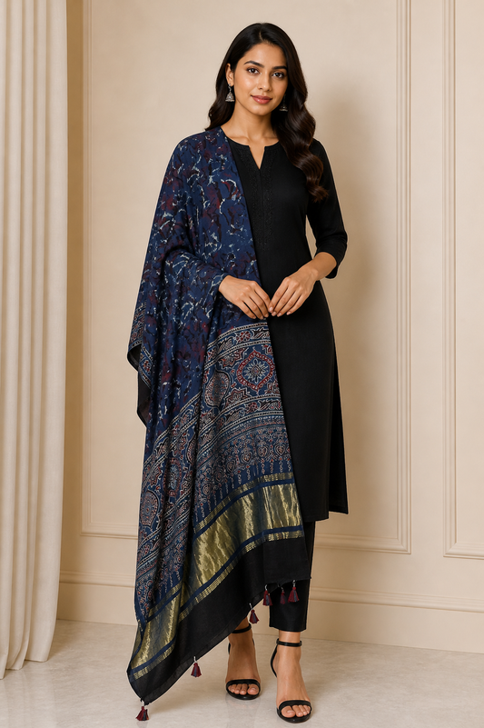 Ajrakh Modal Silk Natural Dye Hand Block Print Dupatta with Golden Border - 2.5 Mtr Length    -  SKU : AI21B01I