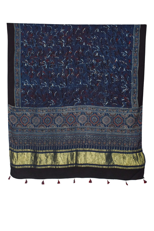 Ajrakh Modal Silk Natural Dye Hand Block Print Dupatta with Golden Border - 2.5 Mtr Length    -  SKU : AI21B01I