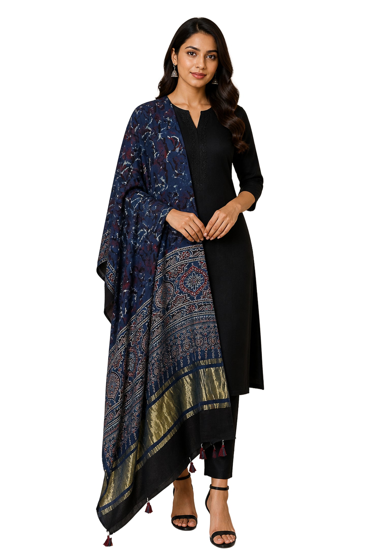 Ajrakh Modal Silk Natural Dye Hand Block Print Dupatta with Golden Border - 2.5 Mtr Length    -  SKU : AI21B01I