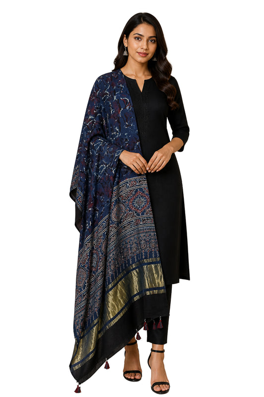Ajrakh Modal Silk Natural Dye Hand Block Print Dupatta with Golden Border - 2.5 Mtr Length    -  SKU : AI21B01I