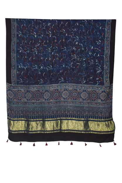 Ajrakh Modal Silk Natural Dye Hand Block Print Dupatta with Golden Border - 2.5 Mtr Length    -  SKU : AI21B01I