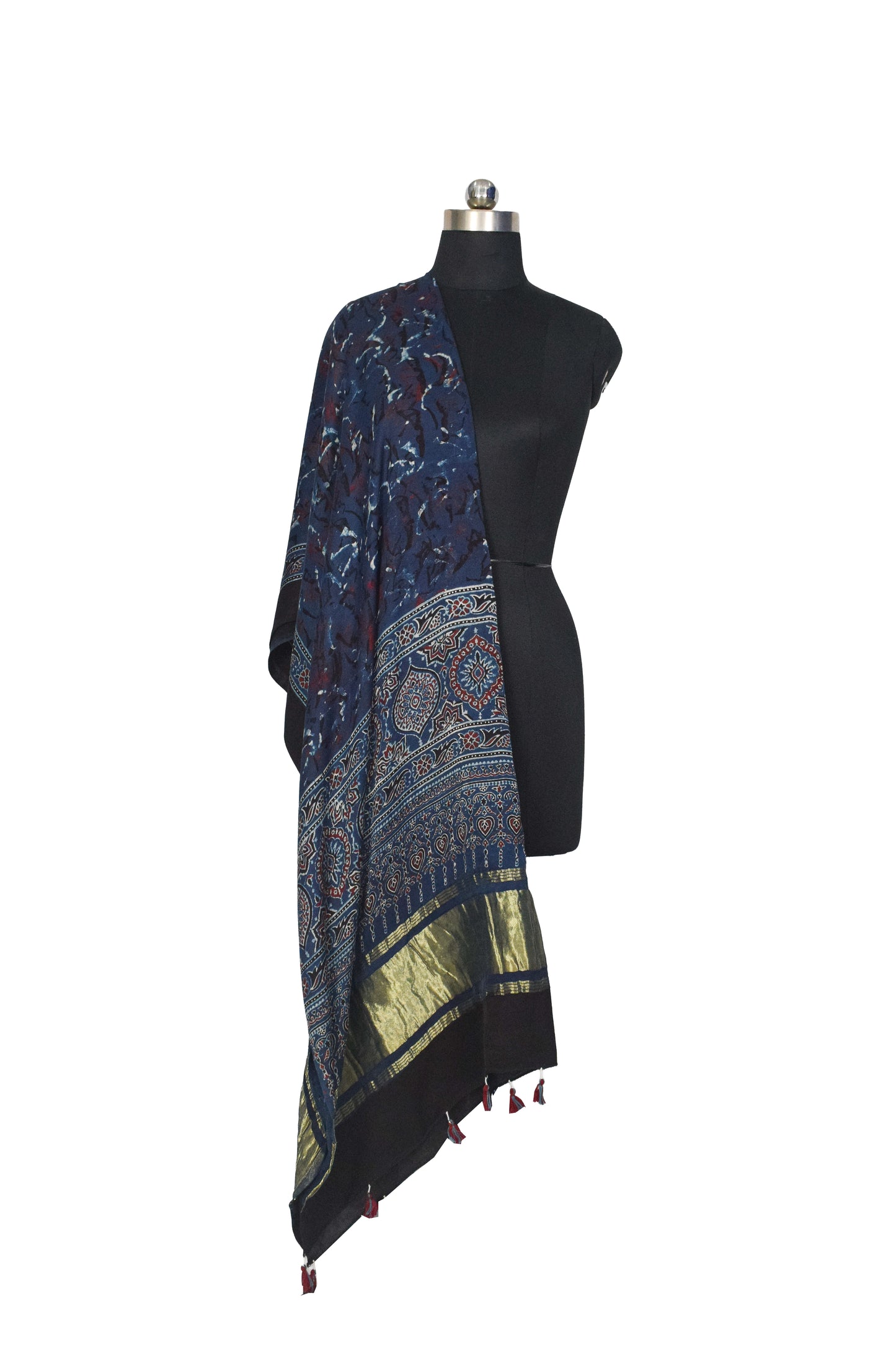 Ajrakh Modal Silk Natural Dye Hand Block Print Dupatta with Golden Border - 2.5 Mtr Length    -  SKU : AI21B01I