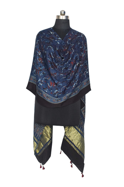 Ajrakh Modal Silk Natural Dye Hand Block Print Dupatta with Golden Border - 2.5 Mtr Length    -  SKU : AI21B01I